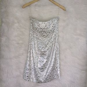 Bedo Silver and White Sequin Strapless Dress